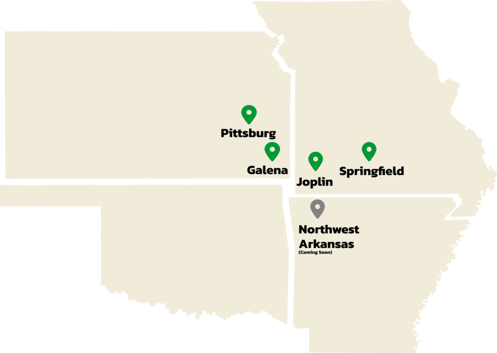 Map showing locations in Kansas, Missouri, Oklahoma, Arkansas.