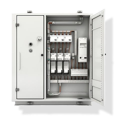 Open electrical control panel with wires and switches.