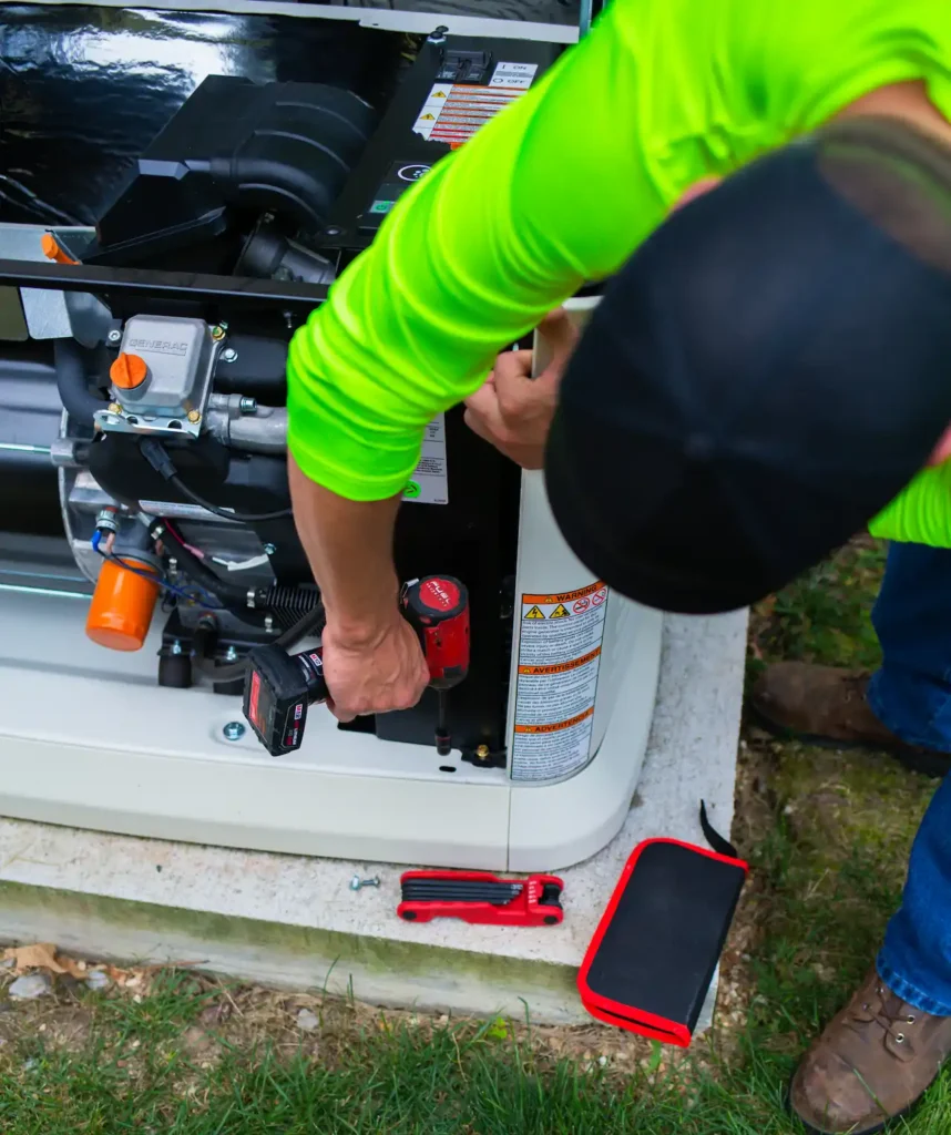 Technician working on home generator installation outside.