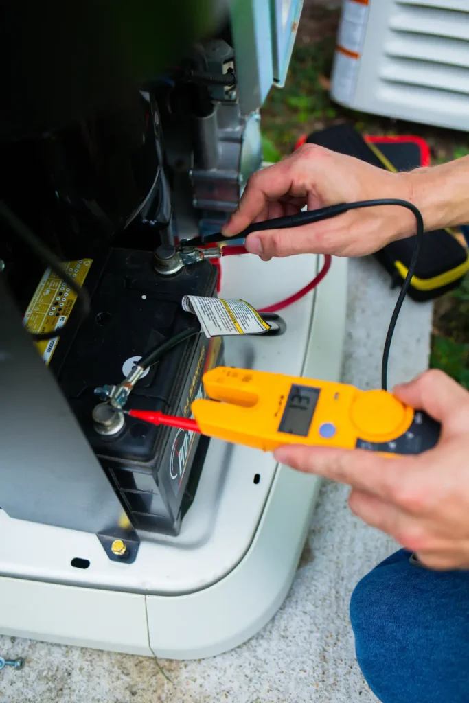 Technician testing battery voltage with multimeter.
