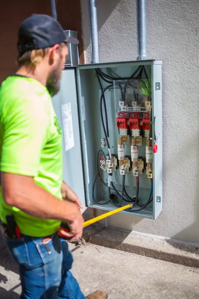 Electrician measuring open circuit breaker panel.