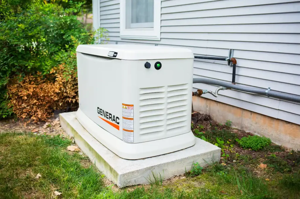 Home standby generator beside house wall.