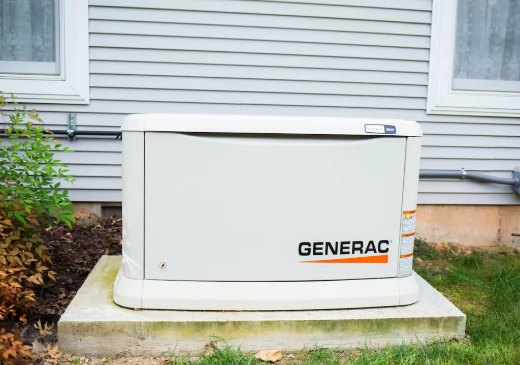 Outdoor Generac home backup generator beside house wall.