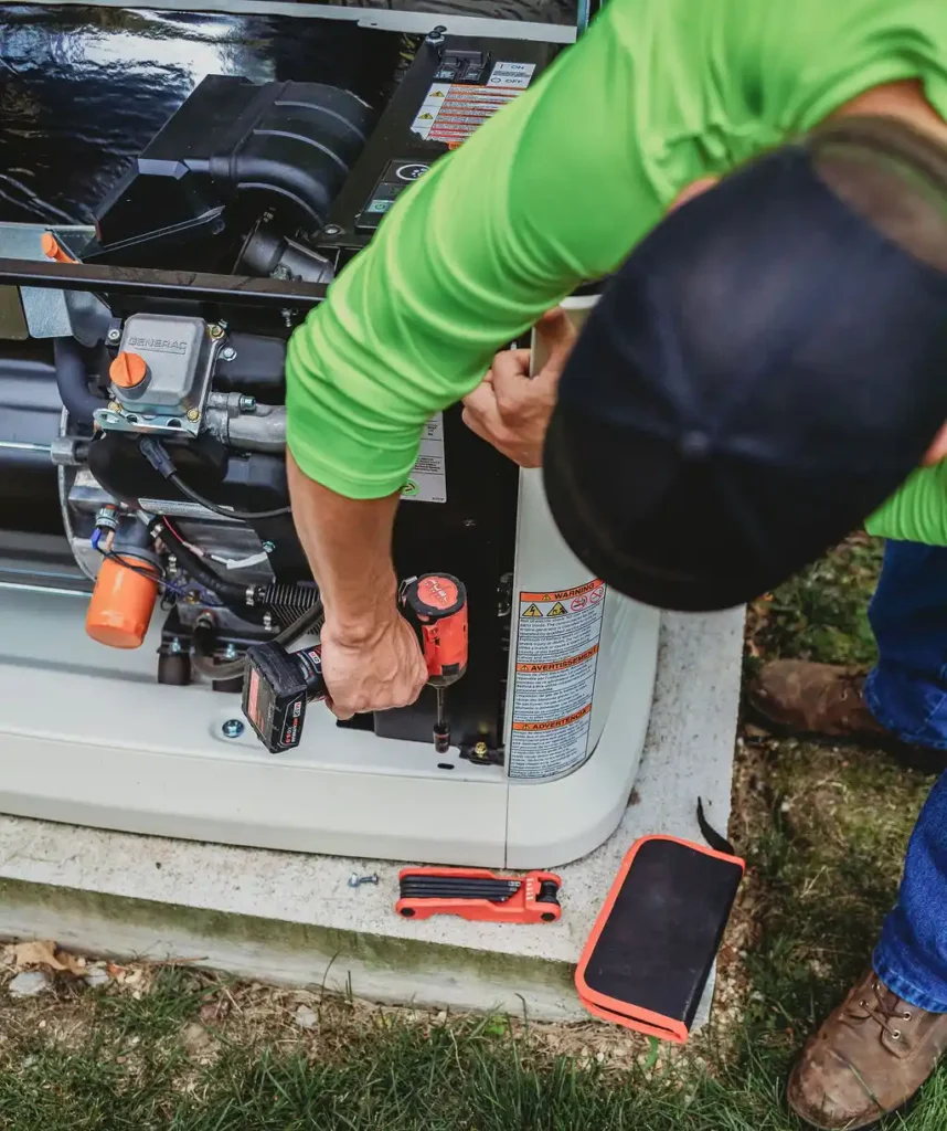 Technician working on home generator installation outside.