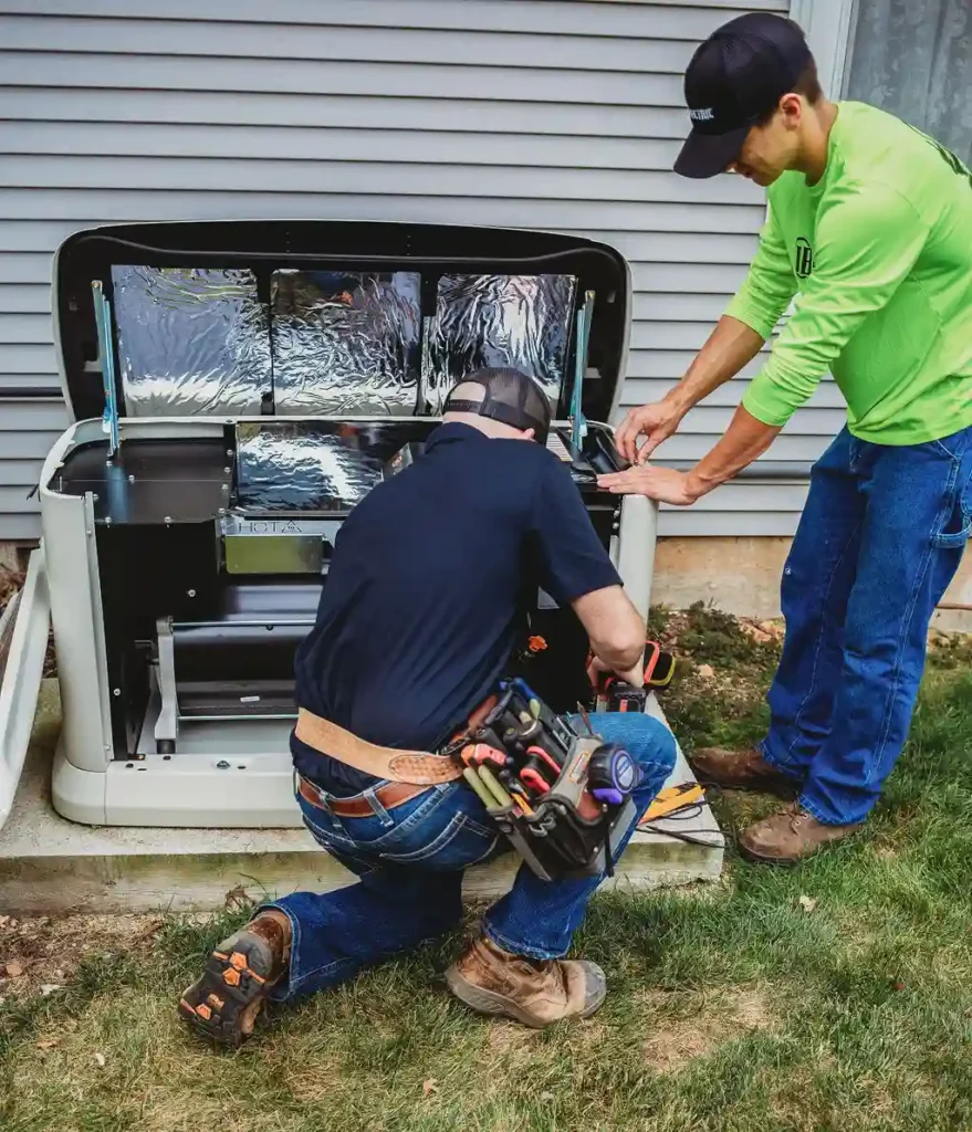 Technicians inspecting outdoor generator unit